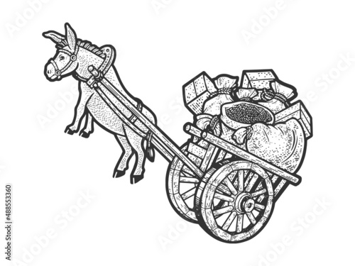 Valokuva overloaded donkey with cart hung in air sketch engraving raster illustration