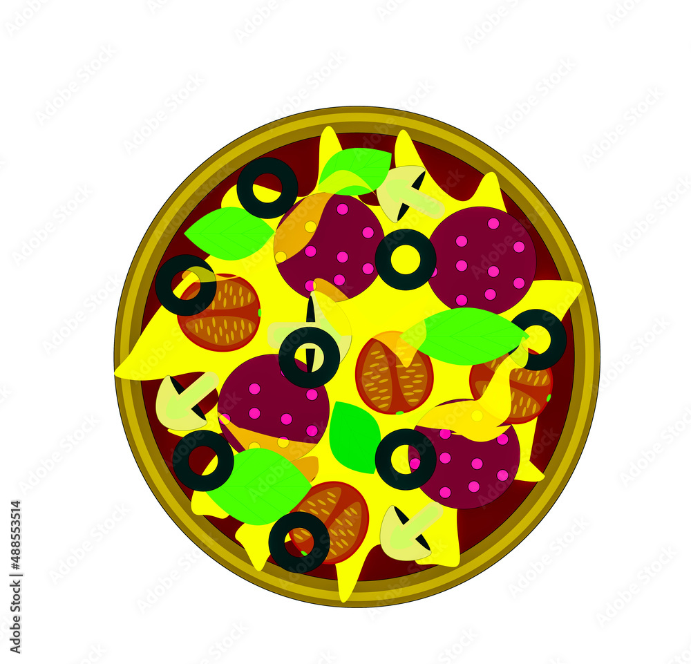 Pizza with cheese, sausage, mushrooms, sauce, and olives