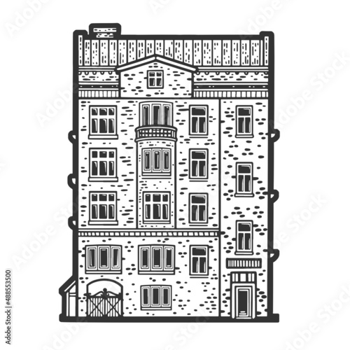 old apartment building sketch engraving raster illustration. T-shirt apparel print design. Scratch board imitation. Black and white hand drawn image.