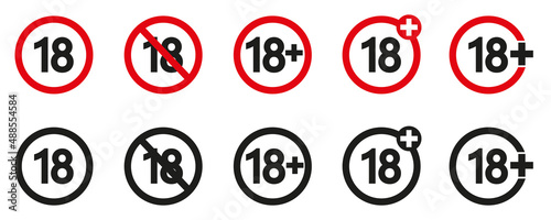 warnings minors 18 years, black red badges white,  illustration