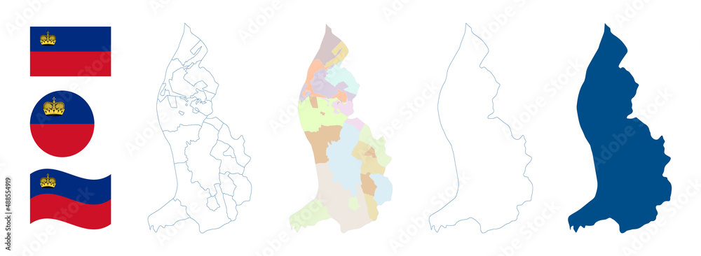 Obraz premium Liechtenstein map. Detailed blue outline and silhouette. Administrative divisions and municipalities. Country flag. Set of vector maps. All isolated on white background. Template for design.