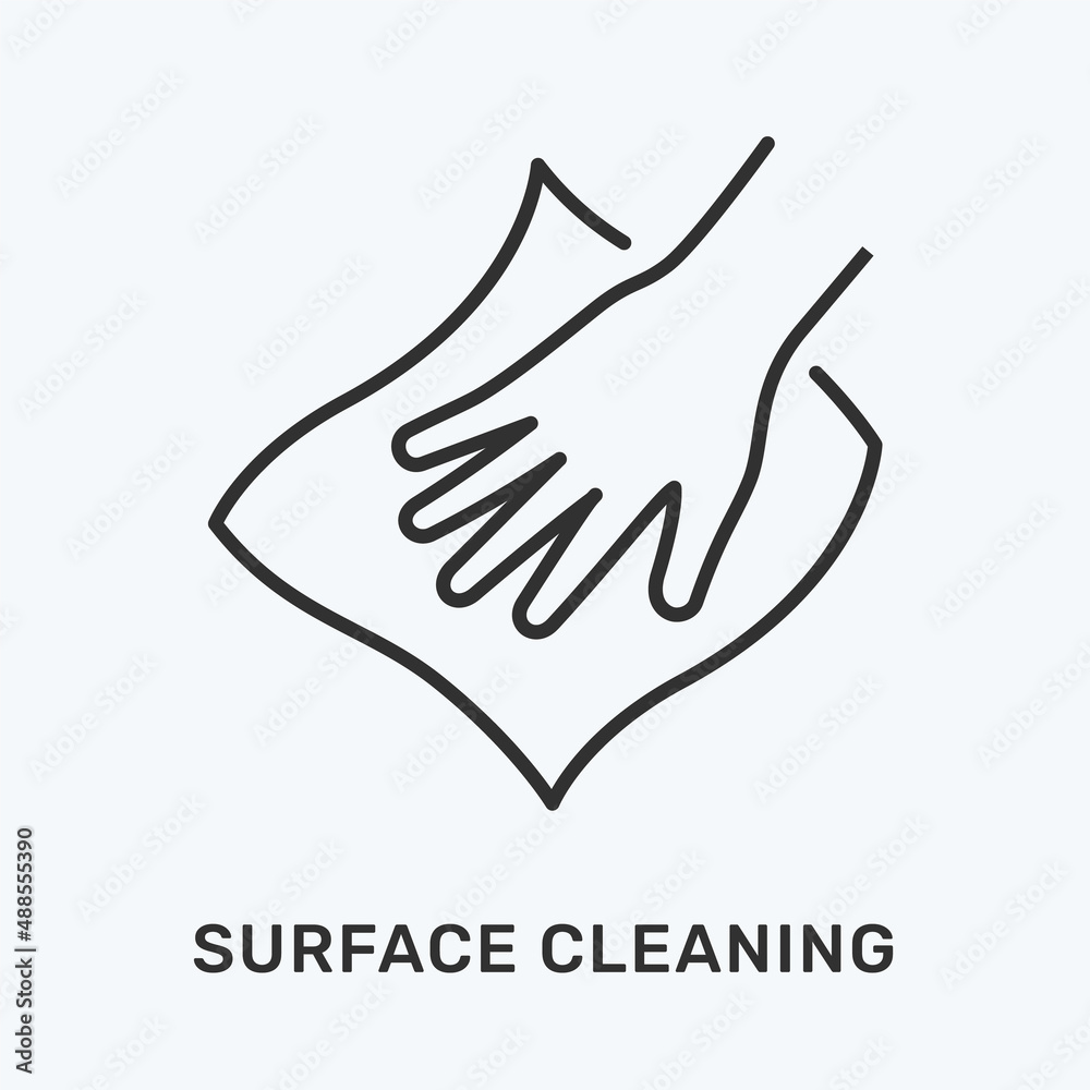 Obraz premium Surface cleaning line icon. Vector illustration of hand and tissue. Black outline pictogram for housekeeping equipment