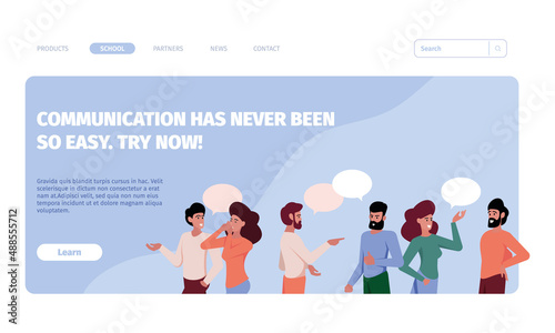 Business dialogue landing. Happy people handshake and talking friends chatting connection conversation persons garish vector web page template