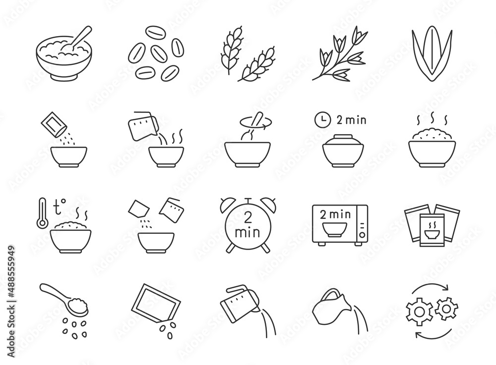 Cereal meal line icons. Vector outline illustration with icon - microwave oven, boiled kettle, grain food, warm healthy wheat food. Pictogram for oatmeal breakfast porridge. Editable Stroke Cereal meal line icons. Vector outline illustration with icon - microwave oven, boiled kettle, grain food, warm healthy wheat food. Pictogram for oatmeal breakfast porridge. Editable Stroke