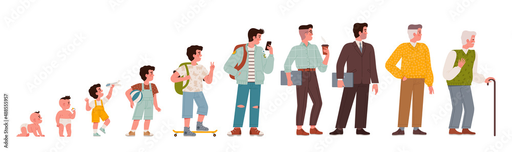 The life cycle of a man from newborn to old man. Set of characters of different ages and at different stages of life baby, schoolboy, student, businessman, pinceoner. The life cycle of a man from newborn to old man. Set of characters of different ages and at different stages of life baby, schoolboy, student, businessman, pinceoner.