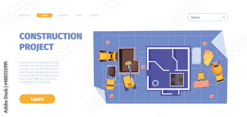 Landing builders. Construction processes heavy steel transport for builders working services garish vector web page templates