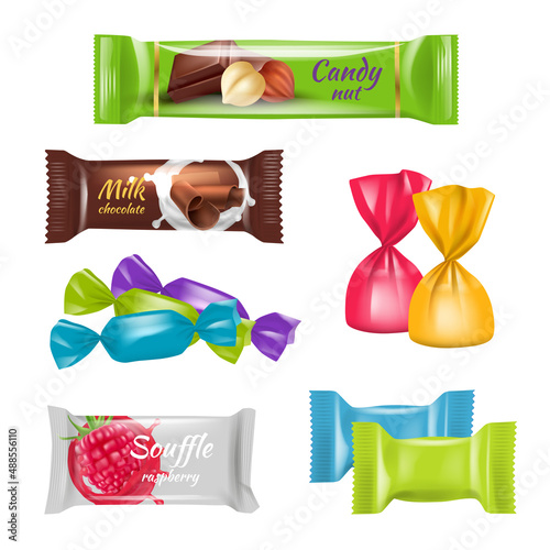 Candies realistic. Colored sugar sweets decoration covers for candies delicious chocolate food decent vector templates set isolated