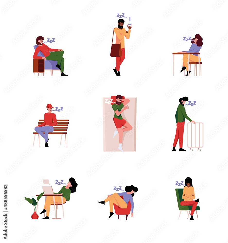 Sleeping characters. Lazy tired people in various poses on sofa on chairs in urban transport sleeping on pillow garish vector illustrations templates