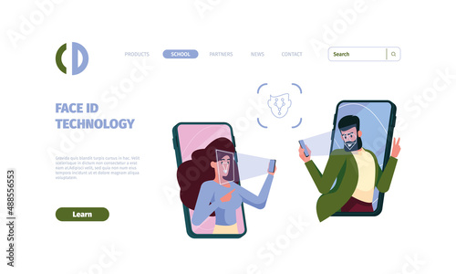 Face id landing. Biometrical unlock smartphones personal identification systems garish vector web page templates for smart technologyies