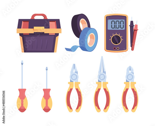 Electricity tools. Digital power voltage meter repairing equipment electrician engineers items garish vector flat colored pictures set