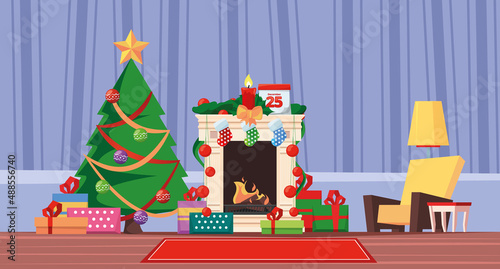 Fireplace. Celebration xmas decoration interior with cozy warm place beautiful modern room garish vector fireplace cartoon background