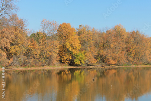 Autumn landscape of a pond with a reflection in the water