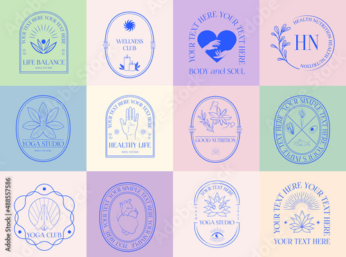 Collection of Wellness linear logotypes, symbols, icons design template with self care, mental health, nutrition, yoga. Editable vector logotype.