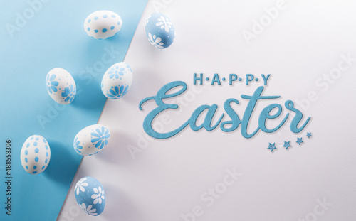 Happy easter! colourful Easter eggs with the text on pastel blue and white background. © Siam