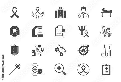 Cancer treatment flat icons. Vector illustration include icon - chemotherapy, radiology, doctor, hormone, mri diagnostic glyph silhouette pictogram for oncology clinic