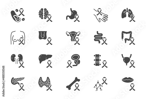Cancer types flat icons. Vector illustration include icon - breast  stomach  respiratory  pancreas  kidney  testicles  uterine glyph silhouette pictogram for oncology