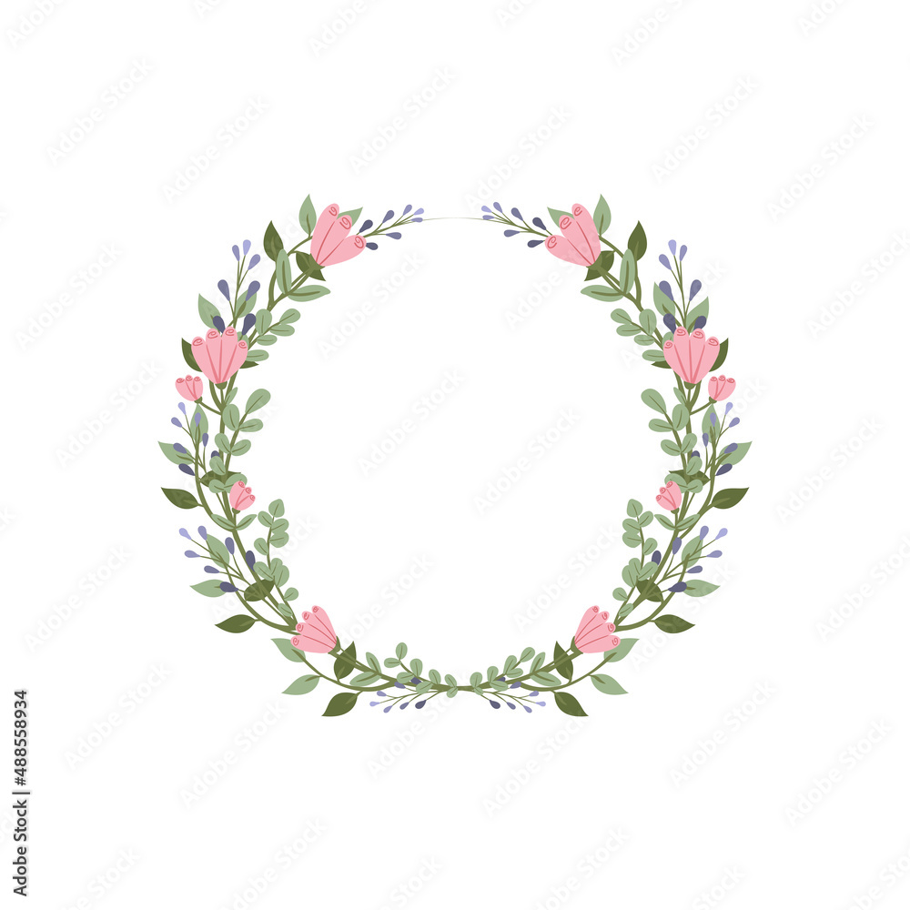 Freesia, limonium and eucalyptus flower wreath. Green decorative ivy. Spring floral round frames. Creeper plant flat vector illustration