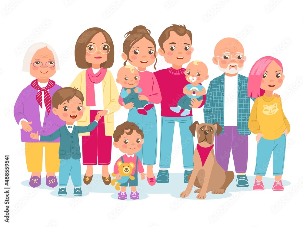 Big happy family. Grandparents, parents and kids. Several generations. People standing together. Twin babies. Husband and wife couple. Teenagers and pet. Relatives portrait. Vector concept