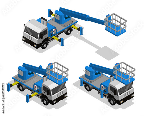 Isometric machine with telescopic boom for lifting workers in basket to height. Transport for high altitude work. Realistic 3D vector isolated on white background