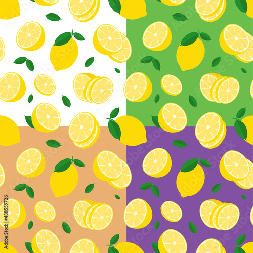 set of seamless patterns with whole lemon with piece of citrus. Lemon with chopped zest and leaves. Ornament for decoration and printing on fabric. Design element. Vector