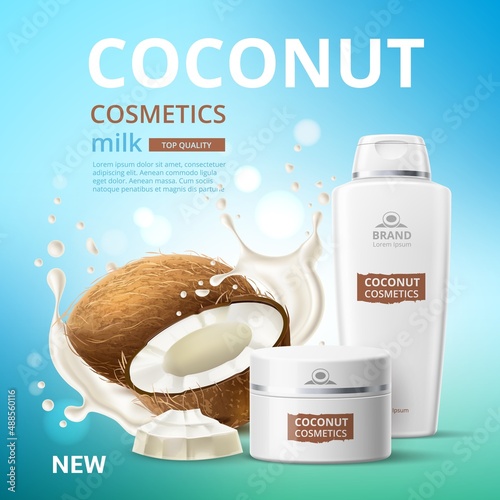 Coconut cosmetic. Realistic organic skin care beauty products advertising banner design. Moisturizing cream or lotion in jar and bottle. Coco milk splash and nut piece. Vector concept