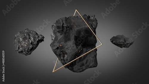 3d render, abstract background with levitating black rocks stones and golden triangular shape. Modern geometric wallpaper photo