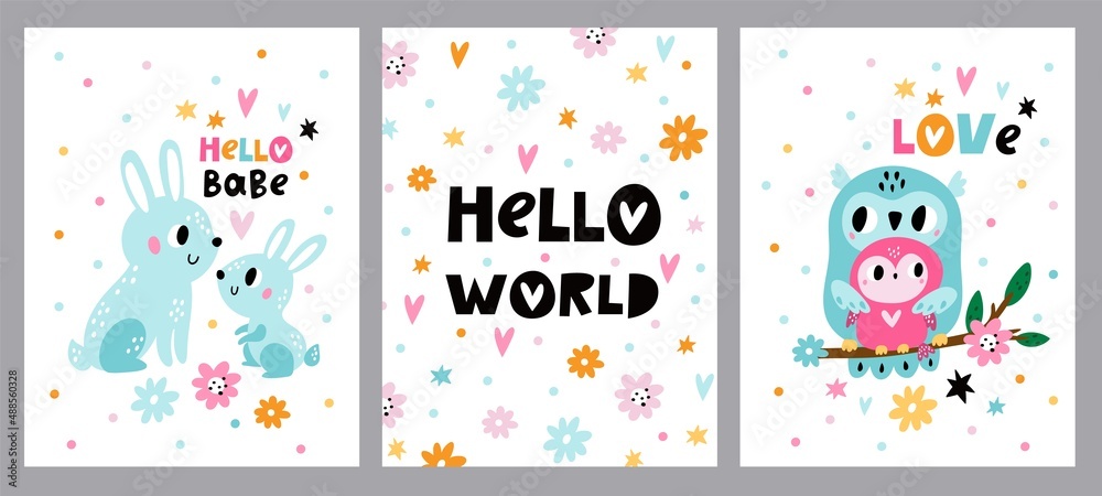 Cute baby shower animals cards. Kids invitation posters. Hello world greeting banners. Funny owl and bunny with little children. Rabbits and birds families. Vector holiday postcards set