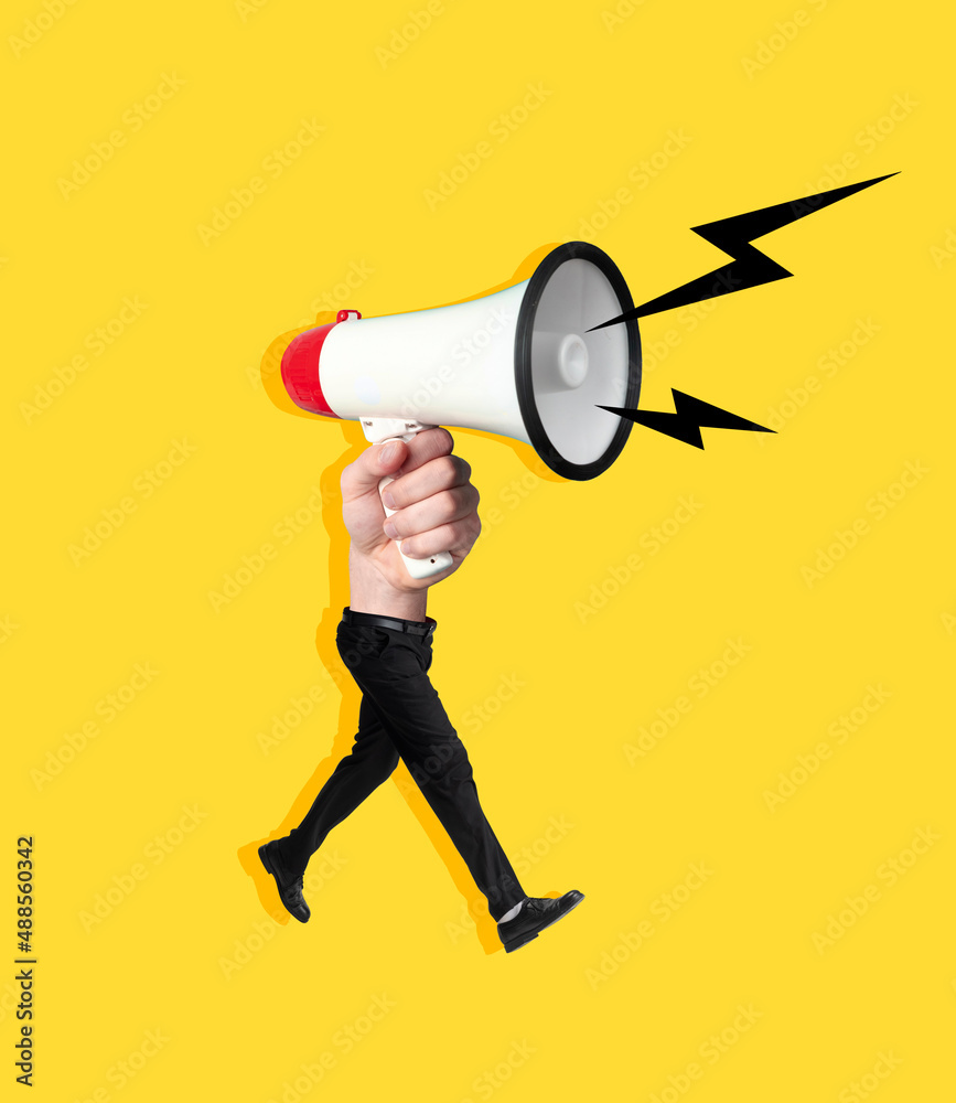 Fototapeta premium Contemporary art collage. Composition with business man with hand instead body holding megaphone sounds like a siren. Concept of art, surrealism, news, news, info
