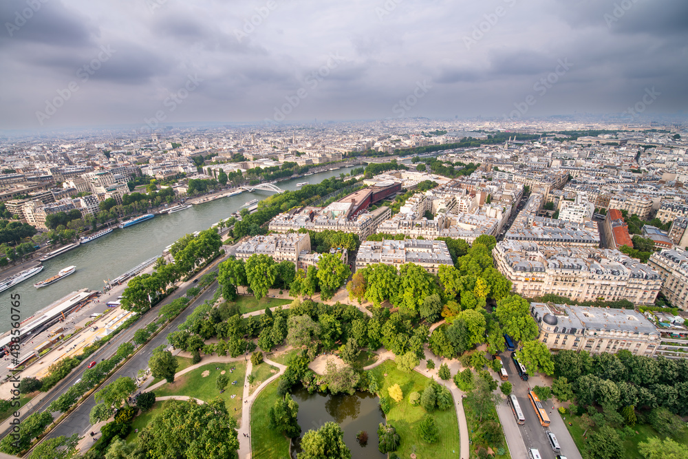 Paris, France. Overhead aerial view of city skyline and Seine river.