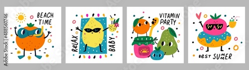 Funny fruits cards. Summer juicy characters. Happy orange and lemon resting on sea. Relaxing pear and berries. Vitamin party. Beach accessories and short texts. Vector food mascots set