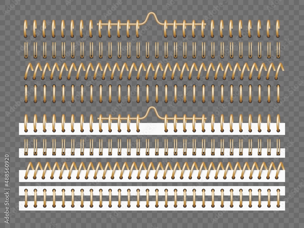 Gold notebooks spirals. Realistic pages binding elements. Flip paper calendars. 3D copybook sheets fasten. Scrapbook bookbinders. Notepads and planners clips. Vector metal fasteners set
