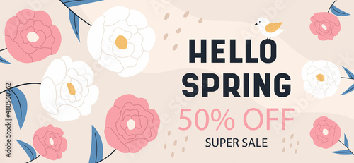 Floral sale banner with blooming peonies