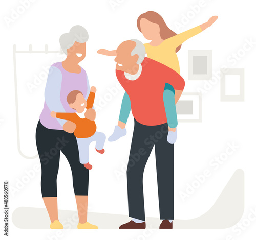 Grandmother and grandfather playing with children. Big lovely family