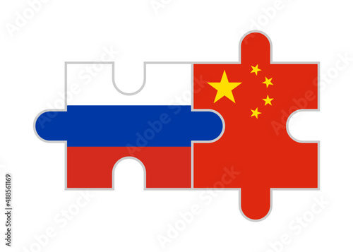 puzzle pieces of russia and china flags. vector illustration isolated on white background