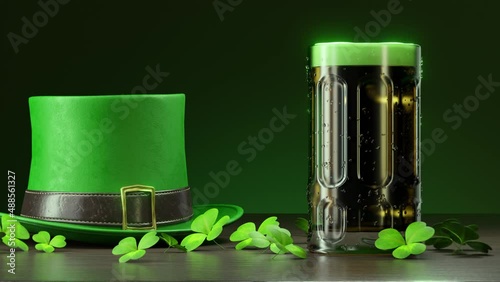 Saint Patrick’s Day beer, shamrock clever leaves decoration. Pint of beer, glass mug close up clip. Celebrative, festive green colored leprechaun’s hat. Realistic 3D Render 4K animation greeting