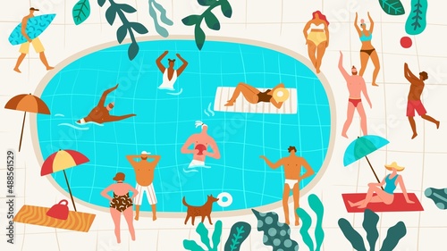 Outdoor swimming pool party people. Resting characters. Friends in swimwear swim or play ball. Summer vacations. Water games. Surfing and sunbathing. Summertime recreation. Vector concept