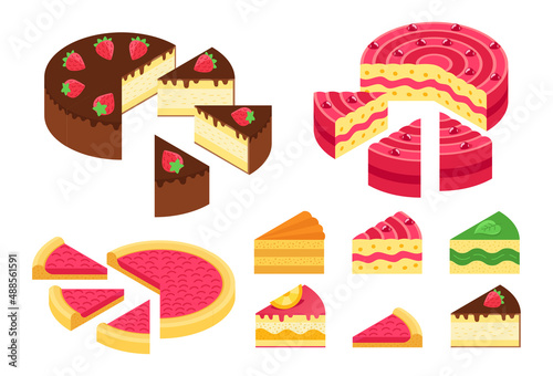 Slice of pie. Pieces cake infographics set. The whole cake and its parts. Isometric view vector illustration.