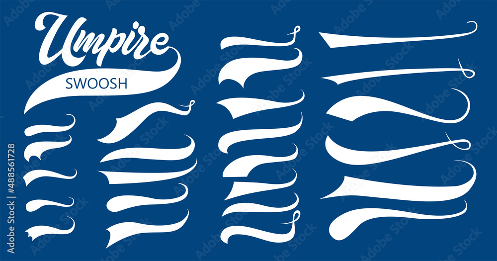 Calligraphic swoosh tail set, underline marker strockes. Sport logo typography elements. Texting letters tail for lettering or baseball club. Vector illustration