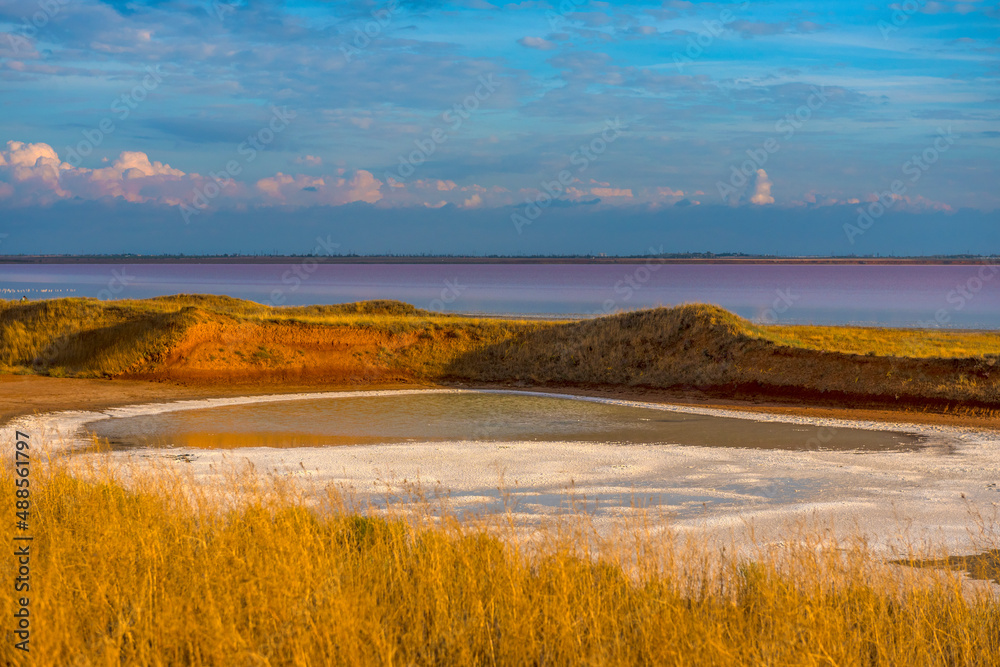 Sasyk Sivash  salt lake with pink water.