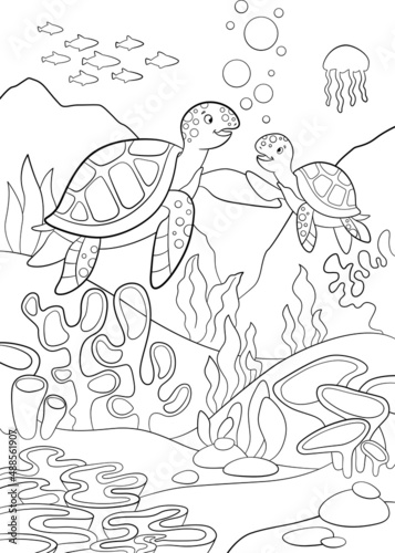 Coloring page. Mother sea turtle swims with her little cute baby sea turtle and smiles. They are underwater