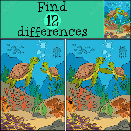 Educational game: Find differences. Mother sea turtle swims with her little cute baby and smile.