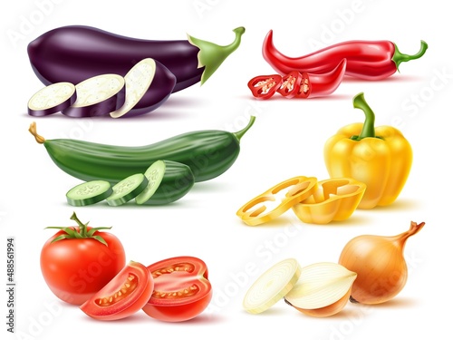 Realistic vegetables. 3D agriculture food. Fresh farm products. Whole or sliced eggplant. Onion and pepper. Organic harvest. Tomato and cucumber. Vector vegetarian meal ingredients set