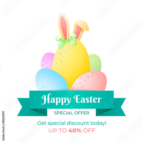 Easter special offer banner template. Happy Easter. Spring sale concept. Cute illustration of egg with bunny ears. Vector 10 EPS.