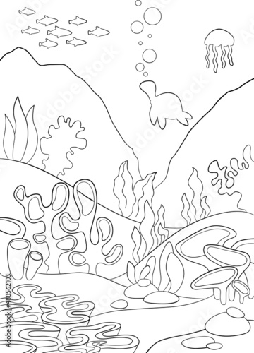 Coloring Pages. Underwater landscape. At the bottom there are stones and various algae grow. Fish and other marine animals swim in the water.