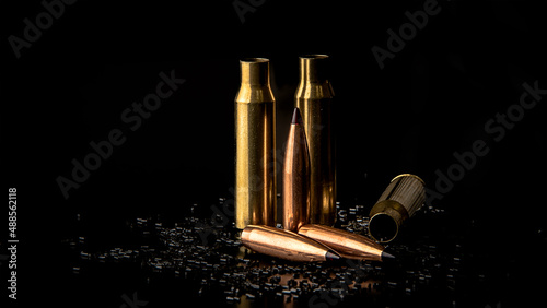 Canvas Print Isolate on a black background, macro photo of a bullet with a ballistic tip and