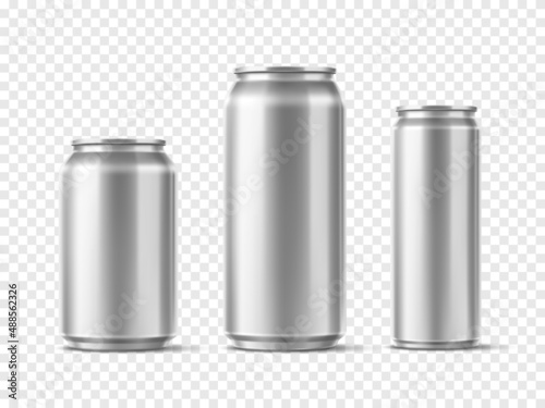 Tin drink cans. Realistic aluminum jars. 3D packaging for beer soda and energy carbonated beverages. Soda bottle. Blank steel container layout. Different sizes. Vector packages set