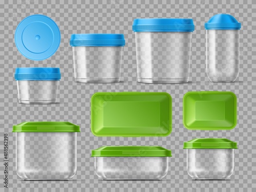Transparent food containers mockups. Realistic plastic products boxes with color caps. Meal storage packaging. Round and square clear jars. Isolated pots and lids. Vector 3D packages set