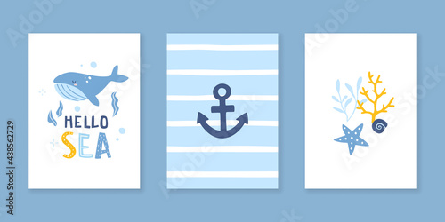 Sea baby poster collection with whale for nursery. Marine vector prints set with lettering.