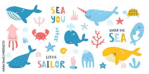 Marine life colorful baby vector set. Collection of cartoon sea underwater cute animals and plants. © Sonium_art