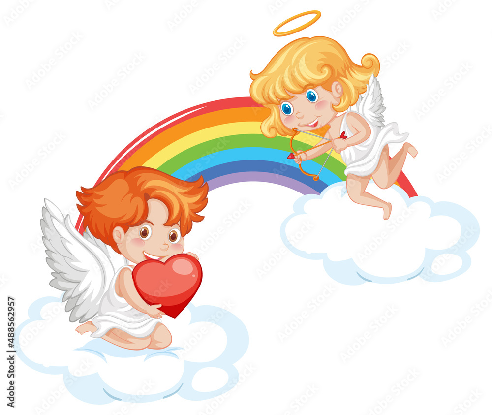 Angel boy and girl cartoon character with rainbow Angel boy and girl cartoon character with rainbow